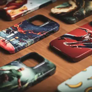 Manosí en fundas para teléfonos con diseños de personajes de superhéroes y escenas dinámicas, ideales para quienes buscan protección y estilo para sus dispositivos.